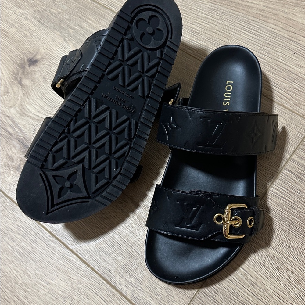 Louis Vuitton Black Slides with Gold Buckle - Picture 2 of 3